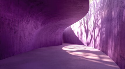 Poster - A quiet, purple concrete room with curved surfaces and rough textures, where light creates shadows of tree branches on the floor for a serene atmosphere