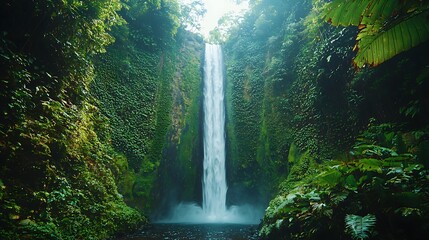 Poster - Beautiful waterfall flows in a tropical jungle environment with lush green plants