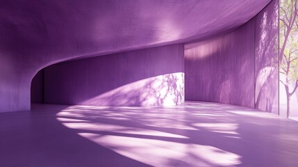 Poster - A spacious purple concrete room with smooth, curved walls and rough textures, casting soft tree branch shadows on the floor