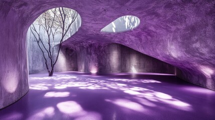 Poster - A striking purple concrete interior with rounded walls and rough textures, illuminated by light that casts intricate tree shadow effects on the floor
