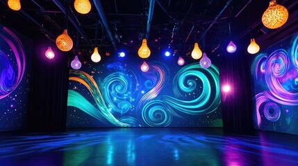 Poster - a vibrant and energetic stage backdrop featuring swirling patterns and glowing bulbs, exuding a play