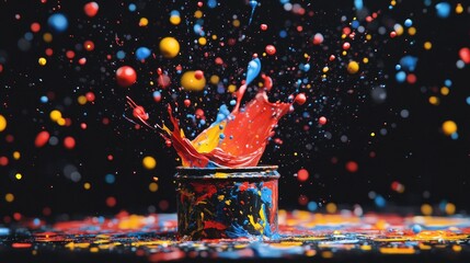 Aufkleber - A vibrant explosion of colorful paint splatters bursting from a small paint can, set against a black background, creating an energetic and artistic scene