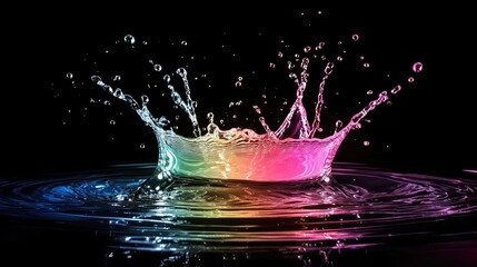 Poster - A vibrant neon water splash with droplets scattering, forming mesmerizing patterns against a contrasting dark background, exuding energy and vibrance