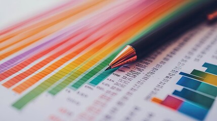 Poster - A colorful array of data visualization charts with a pen resting on a sheet of statistical information.