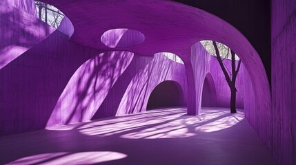 Poster - An empty purple concrete room with curved, textured structures, soft light casting dramatic shadows of tree branches across the floor