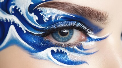 Poster - Artistic eye makeup featuring blue and white wave-like patterns, creating a mesmerizing effect that draws attention to the eyes