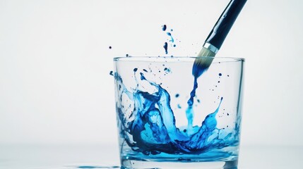 Poster - Blue pigment mixes with water from an art brush in a glass, set against a white background, providing a clean and serene space for text