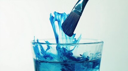 Aufkleber - Blue pigment swirling into water from an art brush soaking in a glass, with a simple white background creating a clean, creative space for text