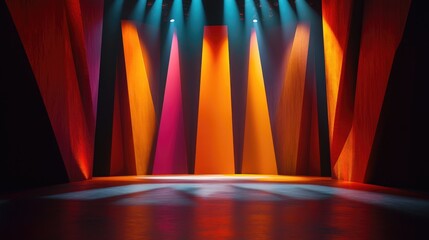 Poster - Bold abstract shapes and bright multicolored lighting illuminate a stage, leaving plenty of room in the center for copy space in a creative presentation