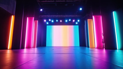 Poster - Bold abstract shapes and bright multicolored lighting illuminate a stage, leaving plenty of room in the center for copy space in a creative presentation
