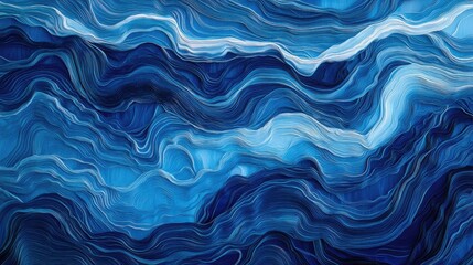 Poster - Bold, vibrant blue wave patterns creating a flowing, horizontal abstract background with depth and movement, ideal for creative designs