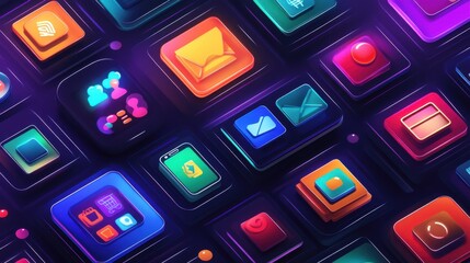 Poster - Colorful Digital App Icons on Dark Background for Technology Design