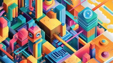 Poster - Vibrant Futuristic Cityscape with Dynamic Colors and Geometric Shapes