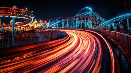 Aufkleber - Bright, smooth trails of light left behind by a fast rollercoaster ride under night-time lights at a bustling amusement park