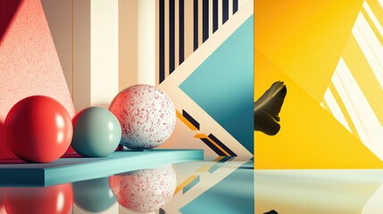 Poster - Colorful geometric shapes and their angular reflections create a bold and modern background with sharp lines and dynamic color contrasts