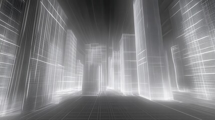 Poster - Futuristic Urban Landscape with Neon Grid Design in Monochrome