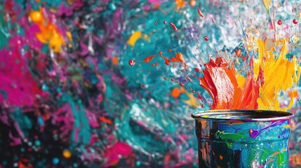 Poster - Colorful paint splatters in bright hues erupting from a paint can, creating a bold, dynamic, and artistic scene against a dark backdrop