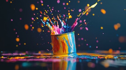 Poster - Colorful paint splatters in bright hues erupting from a paint can, creating a bold, dynamic, and artistic scene against a dark backdrop