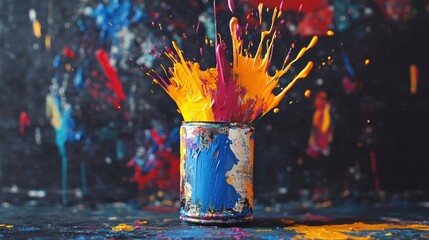 Poster - Colorful paint splatters in bright hues erupting from a paint can, creating a bold, dynamic, and artistic scene against a dark backdrop