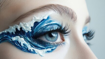 Aufkleber - Creative, wave-like blue and white eye makeup design, emphasizing artistic expression and modern trends in makeup artistry