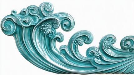 Poster - Detailed turquoise sea wave with textured patterns, set against a pure white background, highlighting the beautiful, intricate curves and crest of the wave