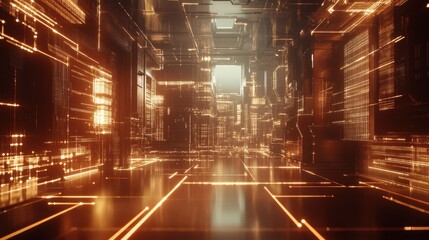 Poster - futuristic abstract digital corridor with glowing lines and lights