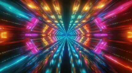 Poster - Dynamic multicolored lights and abstract shapes on stage, providing ample room in the center for copy space, ideal for event promotions or marketing materials