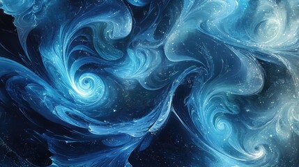 Poster - Elegant abstract blue waves swirl across the background, adorned with sparkling effects that add depth and beauty to the design