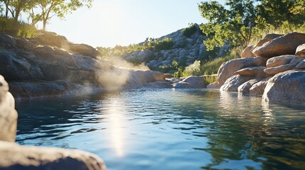 Wall Mural - Tranquil sunrise pool, rocky landscape, misty morning, nature scene