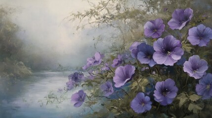 Poster - Elegant purple flowers softly blending with a serene backdrop, evoking a calm and peaceful atmosphere in a gentle composition