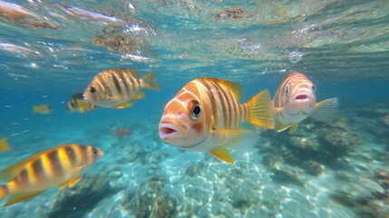 Wall Mural - Tropical fish swim in shallow reef, clear water