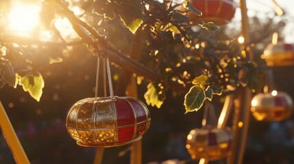 Wall Mural - golden decorative ornaments hanging on tree branches at sunset
