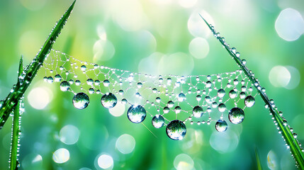 Poster - Dew-covered grass glistens in soft light, creating a serene and refreshing natural scene