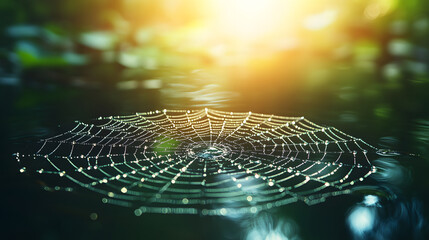 Poster - A delicate spider web glistens with dew over still water, illuminated by soft sunlight, creating a serene and enchanting natural scene