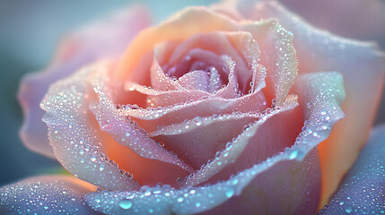 Poster - A close-up of a delicate pink rose adorned with shimmering droplets, radiating beauty and freshness in soft, natural light