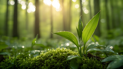 Poster - A vibrant green sprout emerges from lush moss in a sunlit forest, symbolizing growth and the beauty of nature