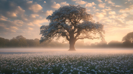 Aufkleber - A majestic tree stands alone in a misty field of flowers, bathed in warm morning light, creating a serene and tranquil atmosphere