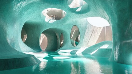 Poster - Futuristic interior design with turquoise walls, organic shapes, and textured surfaces, creating light and shadows from streaming sunlight