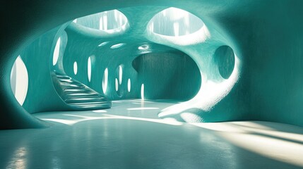 Poster - Futuristic interior design with turquoise walls, organic shapes, and textured surfaces, creating light and shadows from streaming sunlight