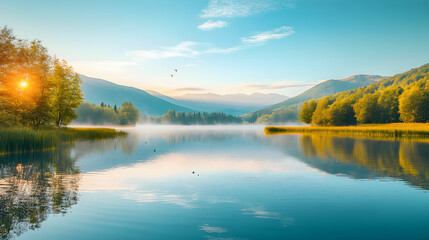 Poster - A serene landscape featuring a tranquil lake, surrounded by lush trees and mountains, with a beautiful sunrise reflecting on the water's surface