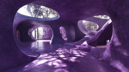 Poster - Futuristic purple-toned concrete space with organic, rounded walls and textured surfaces, where light creates stunning tree shadows on the floor