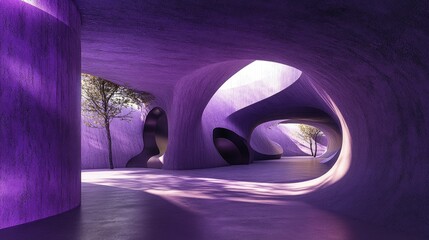 Poster - Futuristic purple-toned concrete space with organic, rounded walls and textured surfaces, where light creates stunning tree shadows on the floor
