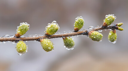 Poster - A close-up of a branch with green buds covered in droplets of water, showcasing the beauty of nature and the freshness of new growth