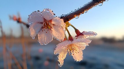 Poster - Frosty cherry blossoms glisten in the early morning light, showcasing delicate petals adorned with beads of dew against a soft, colorful background