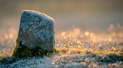Poster - A frost-covered stone stands amidst shimmering grass, illuminated by soft morning light, evoking a serene, magical atmosphere