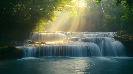 Poster - A serene waterfall cascades into a tranquil pool, surrounded by lush greenery and illuminated by soft sunlight filtering through the trees