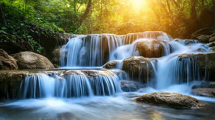 Poster - A serene waterfall cascades over smooth rocks, surrounded by lush greenery and illuminated by soft sunlight in a tranquil natural setting