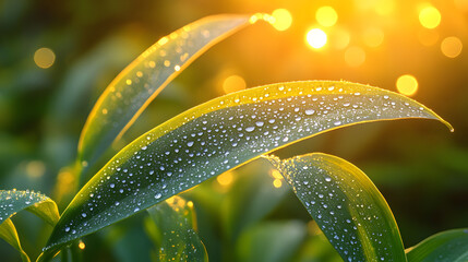 Poster - Dew-kissed green leaves glisten in the warm sunlight, creating a serene, tranquil atmosphere that highlights nature's beauty
