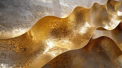 Poster - Golden waves flowing in 3D with a shimmering, metallic surface, undulating in an abstract, mesmerizing design full of rich visual texture