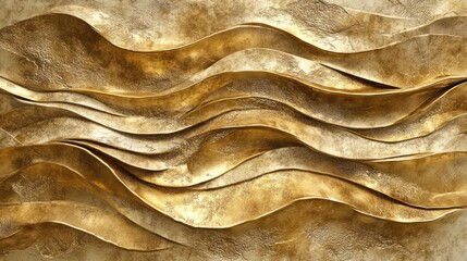 Poster - Golden waves flowing in 3D with a shimmering, metallic surface, undulating in an abstract, mesmerizing design full of rich visual texture